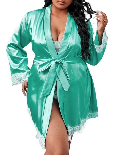 plus 3pack floral embroidery satin lingerie set & contrast lace robe e0gd#, Black;white
plus 3pack floral embroidery satin lingerie set & contrast lace robe e0gd#, Black;white