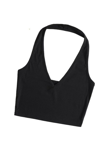 solid rib knit crop halter z4l7#, White 
solid rib knit crop halter z4l7#, White