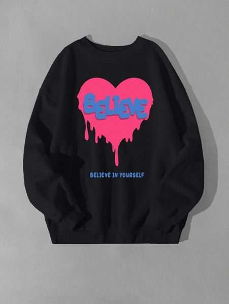 heart & slogan graphic drop shoulder pullover t5lp#, Black