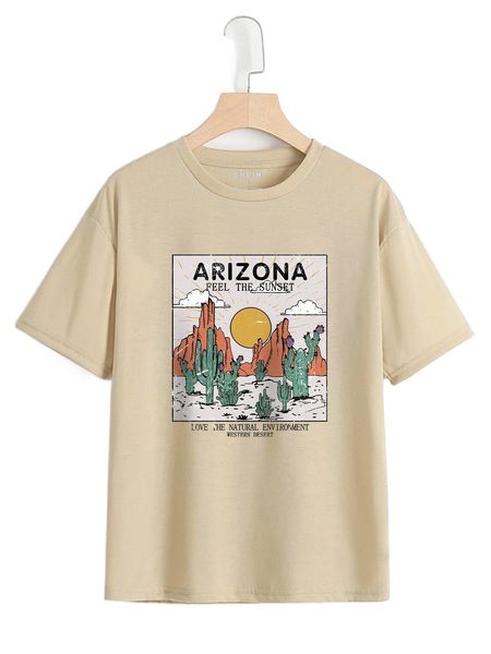 cactus and slogan graphic drop shoulder tee 36mm#, White