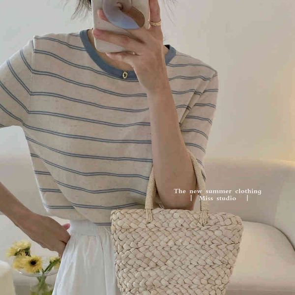 women's sweaters summer color contrast stripe short sleeve t-shirt female loose student versatile slim round neck knitted trendy k30m, White;black
women's sweaters summer color contrast stripe short sleeve t-shirt female loose student versatile slim round neck knitted trendy k30m, White;black