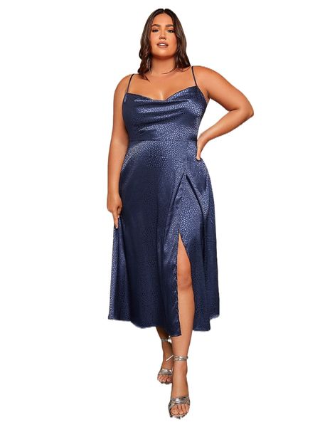 plus draped collar split thigh satin cami dress f6c9#, Black