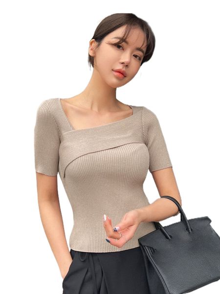 dazy asymmetrical neck ribbed knit 2628#, White;black