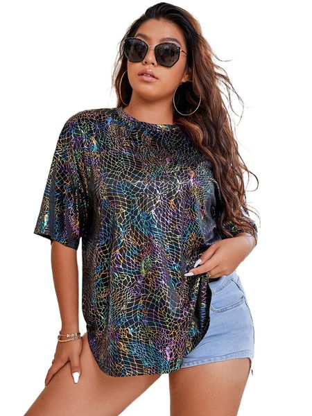 plus holographic drop shoulder metallic tee s64q#, Black