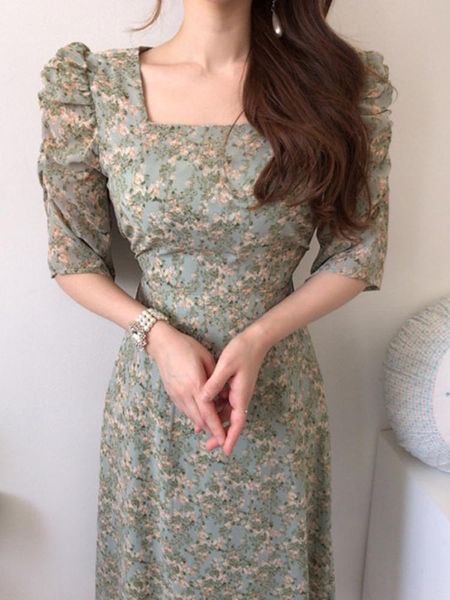 party dresses vintage square collar chiffon floral midi dress elegant evening puff sleeve vestidos maxi for women green summer korea, White;black
party dresses vintage square collar chiffon floral midi dress elegant evening puff sleeve vestidos maxi for women green summer korea, White;black