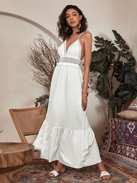 contrast lace ruffle hem backless halter dress k72v#, Black;gray 
contrast lace ruffle hem backless halter dress k72v#, Black;gray