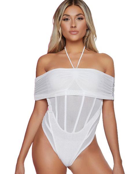 x ji yeon lee tied backless off shoulder contrast mesh bodysuit 11q3#, White