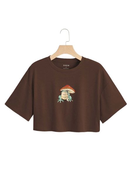 frog & mushroom print crop tee o1pt#, White