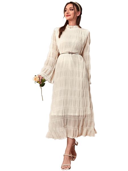 frilled neck flounce sleeve ruffle hem belted dress t2nj#, Black;gray