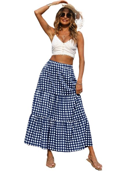 gingham print ruffle hem skirt k37b#, Black