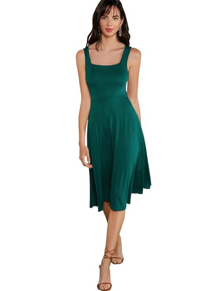 solid flared hem dress v4ai#, Black;gray