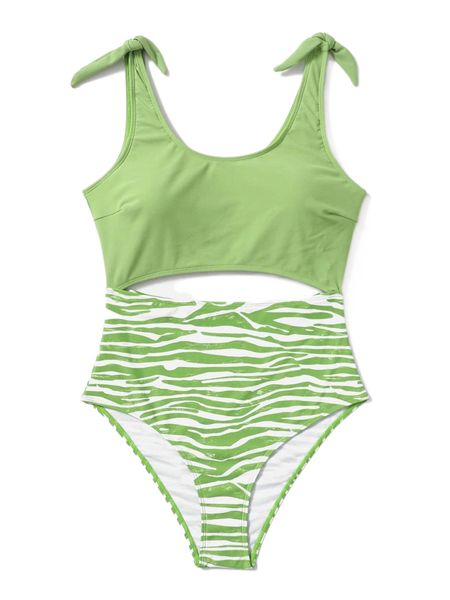 zebra striped cut out tie shoulder one piece swimsuit k09a#, White;black