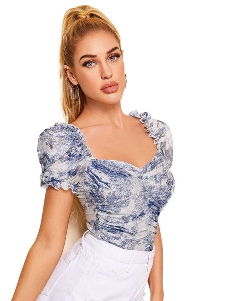 ruched landscape print mesh milkmaid v9j7#, White 
ruched landscape print mesh milkmaid v9j7#, White