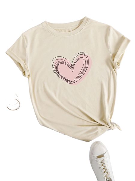 heart print round neck tee k55s#, White 
heart print round neck tee k55s#, White