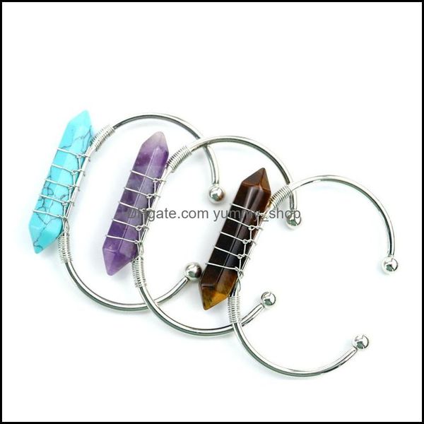 charm bracelets jewelry wire wrap natural stone hexagonal prisms bracelet amethyst aventurine pink crystal bangle dht1i, Golden;silver
