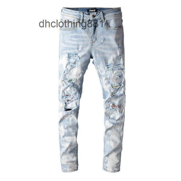 european and american designer men jeans pants trend amirs high street fashion brand light blue colorful patch beggar pants slim f
european and american designer men jeans pants trend amirs high street fashion brand light blue colorful patch beggar pants slim f