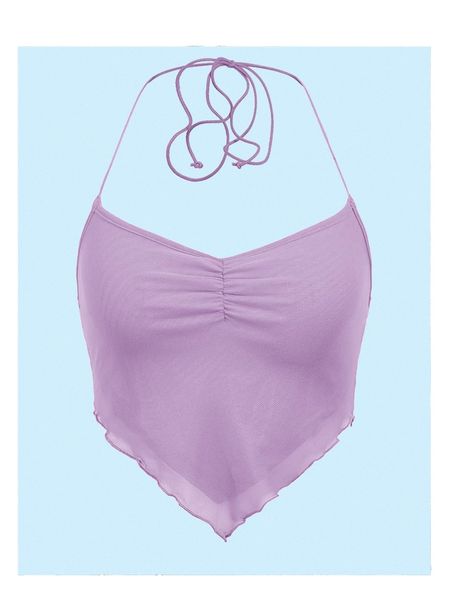 ruched tie backless hanky hem mesh halter r56s#, White
ruched tie backless hanky hem mesh halter r56s#, White