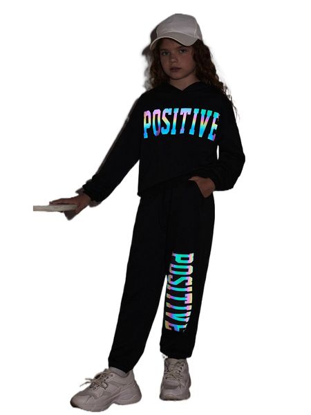 girls reflective letter graphic drop shoulder hoodie & sweatpants 522a#, Black;white
girls reflective letter graphic drop shoulder hoodie & sweatpants 522a#, Black;white