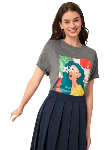 figure & slogan graphic drop shoulder tee 0989#, White 
figure & slogan graphic drop shoulder tee 0989#, White