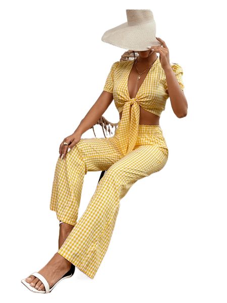 gingham knot front crop & wide leg pants x1ao#, White 
gingham knot front crop & wide leg pants x1ao#, White