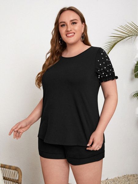 emery rose plus pearl beaded puff sleeve tee q2s4#, Black
emery rose plus pearl beaded puff sleeve tee q2s4#, Black