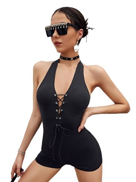 lace up front tie backless unitard halter romper h8pn#, Black;white