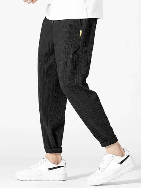 men letter patched detail textured tapered pants 858b#, Black