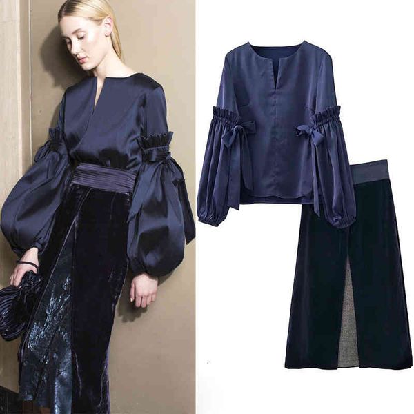 two piece dress spring fashion lantern sleeve bow loose velvet bright silk splicing skirt leisure temperament suit, White 
two piece dress spring fashion lantern sleeve bow loose velvet bright silk splicing skirt leisure temperament suit, White