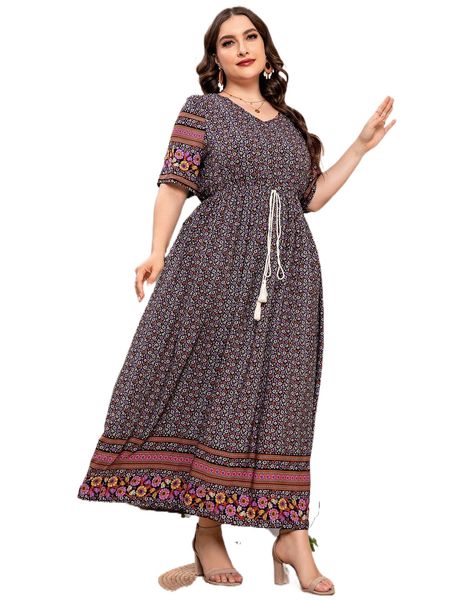 plus floral print tassel tie dress x1f1#, Black