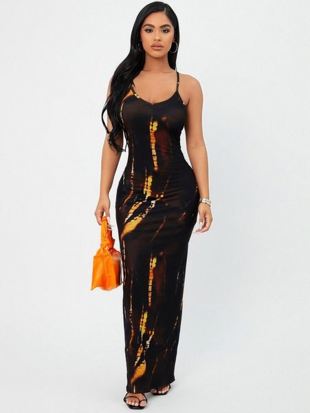 sxy tie dye split hem cami dress u3bm#, Black;gray