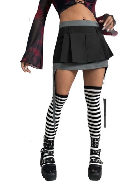 two tone pleated detail garter 2 in 1 skirt p1ea#, Black