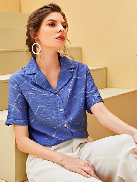 geo pattern lapel neck button up blouse m1av#, White
geo pattern lapel neck button up blouse m1av#, White