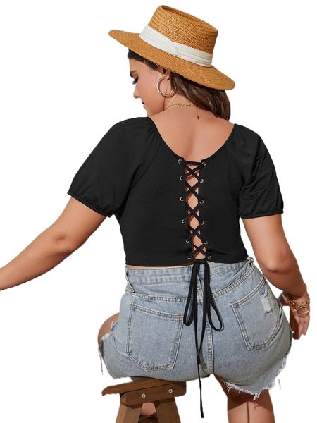 plus grommet lace up back crop tee q1a8#, Black
plus grommet lace up back crop tee q1a8#, Black