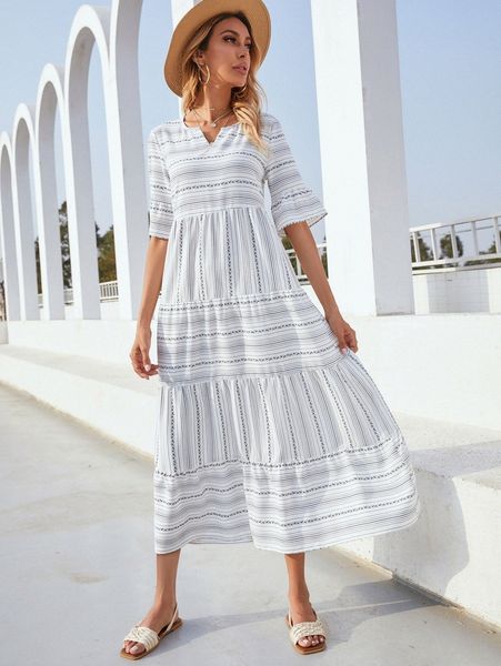 striped notch neck flounce sleeve dress t6lo#, Black;gray