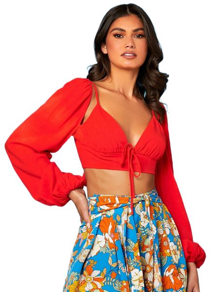 lantern sleeve cut out tie front crop blouse i8sq#, White
lantern sleeve cut out tie front crop blouse i8sq#, White