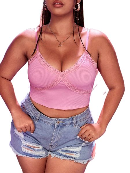 plus lace trim crop cami c5vk#, Black
