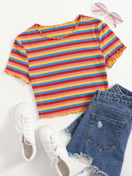 rainbow striped lettuce trim tee r0it#, White