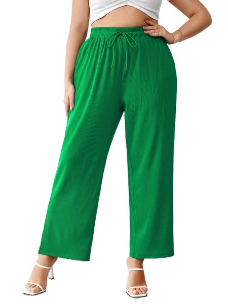 plus solid high waist drawstring wide leg pants e915#, Black