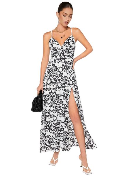 allover floral print slit thigh backless knot cami dress 03un#, Black;gray 
allover floral print slit thigh backless knot cami dress 03un#, Black;gray