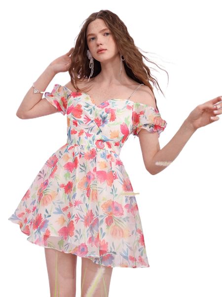 mod floral print pearls beaded strap cold shoulder organza dress j682#, Black;gray
mod floral print pearls beaded strap cold shoulder organza dress j682#, Black;gray