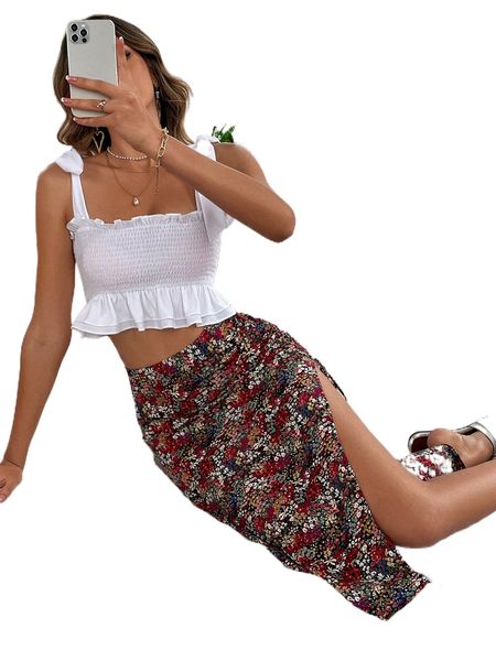 ditsy floral drawstring side slit skirt o13p#, Black