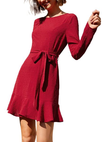 swiss dot belted ruffle hem dress g3cj#, Black;gray