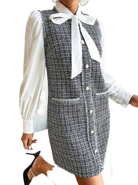 plaid dual pocket raw trim tweed dress & tie neck blouse e53a#, White
plaid dual pocket raw trim tweed dress & tie neck blouse e53a#, White