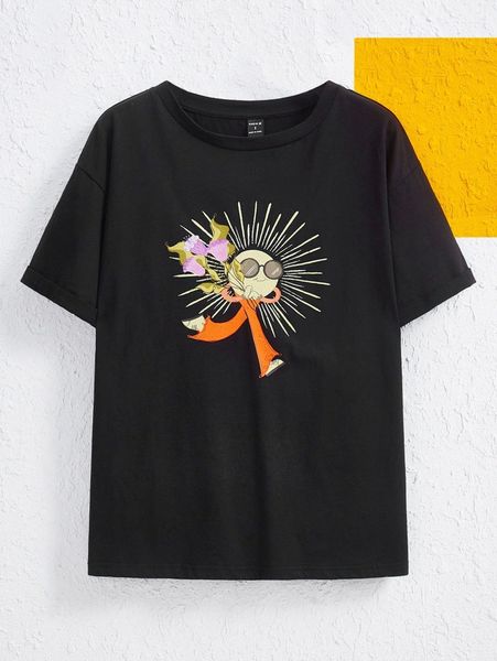 x creativesbymw cartoon graphic drop shoulder tee w1e6#, White