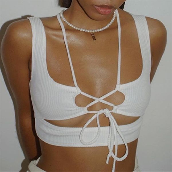 female summer slim bandage tank solid color sleeveless square collar hollow out strap laceup exposed navel vest 220607, White 
female summer slim bandage tank solid color sleeveless square collar hollow out strap laceup exposed navel vest 220607, White