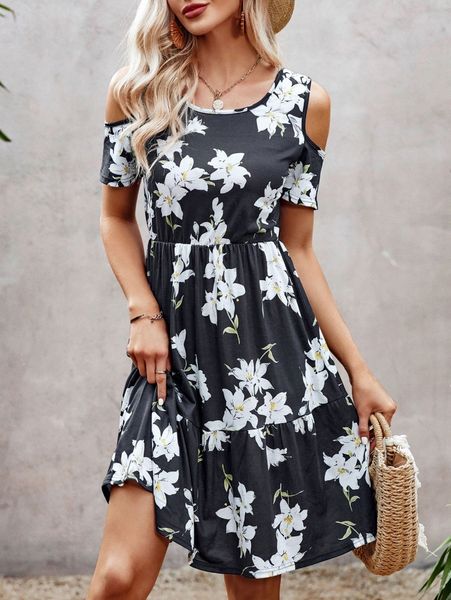 floral print cold shoulder ruffle hem dress f8do#, Black;gray