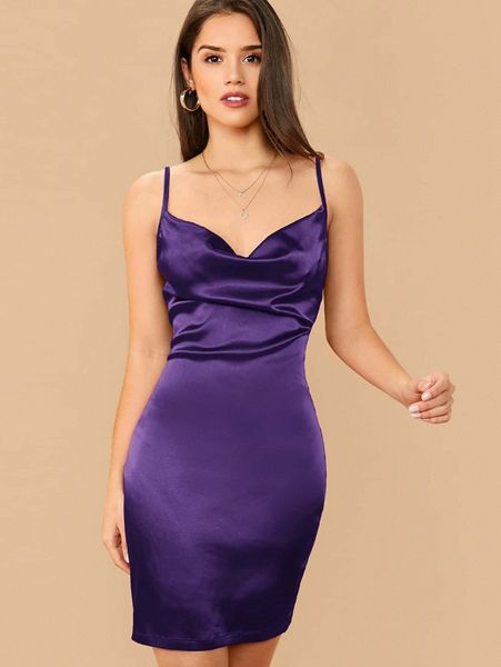 cowl neck satin cami dress 75ab#, Black;gray