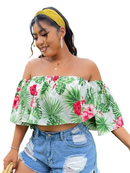 plus tropical print off shoulder t8vj#, Black 
plus tropical print off shoulder t8vj#, Black