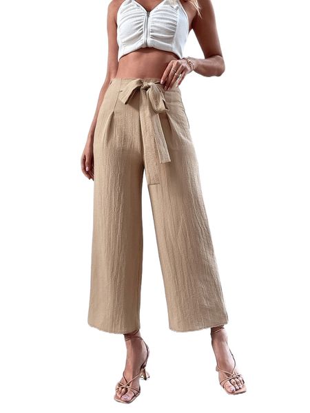 high waist tie front wide leg pants q0bu#, Black;white