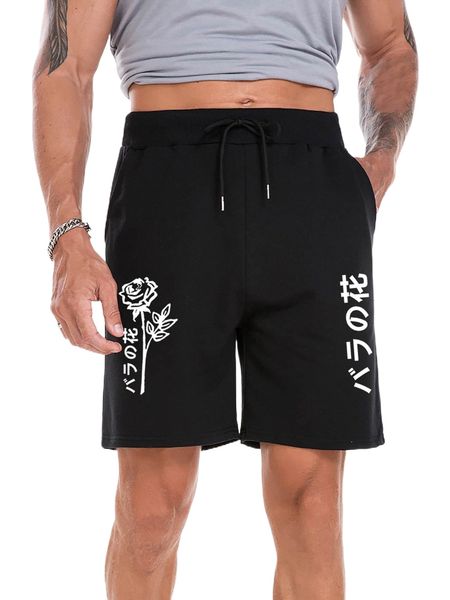 men rose & japanese letter graphic drawstring waist shorts 29mk#, White;black